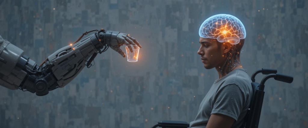 Paralyzed person using a robotic arm through a brain-computer interface, with glowing brain signals – real-world BCI medical application.