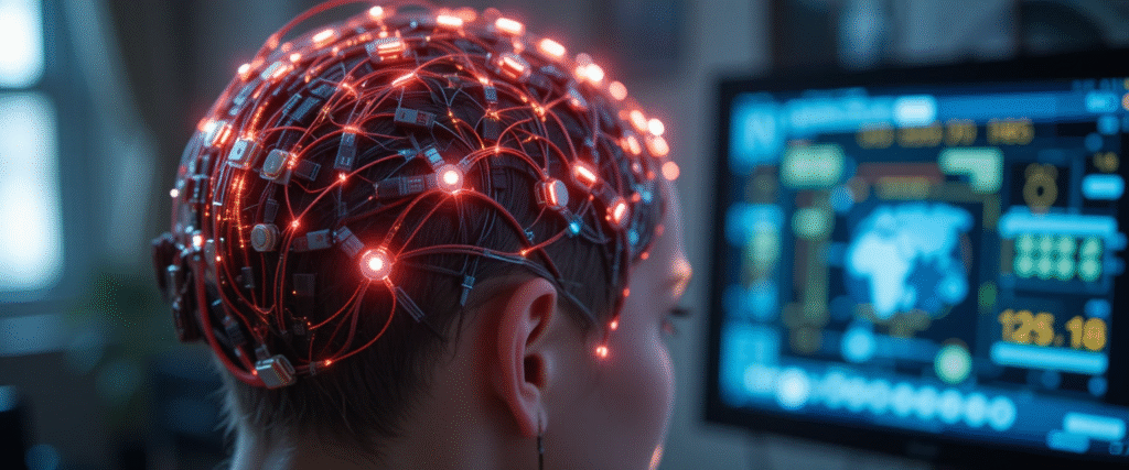 Close-up of a human scalp with EEG sensors connected to a computer – non-invasive brain signal monitoring using BCI technology.
