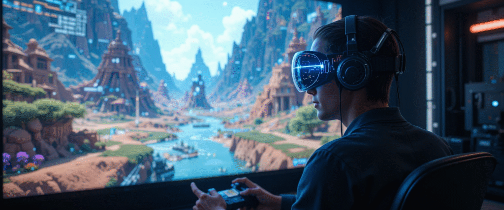 Gamer wearing a BCI headset controlling a 3D holographic game environment with thoughts – brain-controlled gaming technology.
