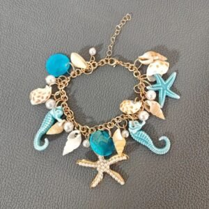 a bracelet with seashells and starfishes