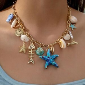 a nicklace with seashells and starfishes