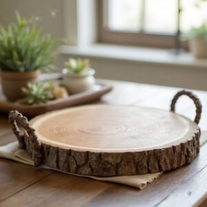a round wooden tray on a table