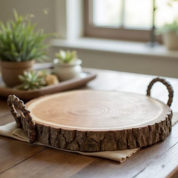 a round wooden tray on a table