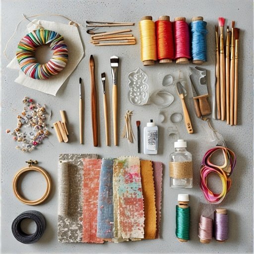 alt="مستلزمات الحرف اليدوية مثل خيوط وألوان وقوالب ريزن – Handmade craft supplies including threads, paints, and resin molds"