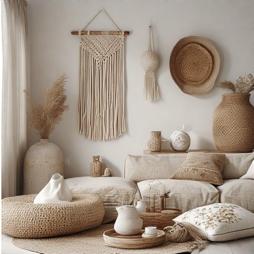 alt="ديكور منزلي يدوي يشمل فازات خزفية، وسائد مطرزة، وسلال من القش – Handmade home decor with ceramic vases, embroidered pillows, and woven baskets"